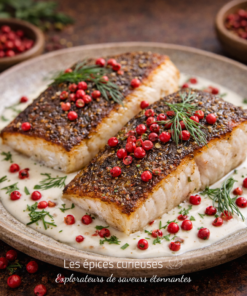 Filets de poisson grillés avec sauce crémeuse, baies roses et aneth frais, servis dans une assiette en céramique.