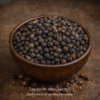 Bol en bois rempli de grains de poivre noir sur fond rustique en bois.