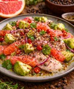 Assiette gourmande de ceviche de poisson agrémenté de pamplemousse, avocat et épices, décorée de persil frais.