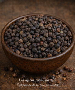 Bol en bois rempli de grains de poivre noir sur fond rustique en bois.