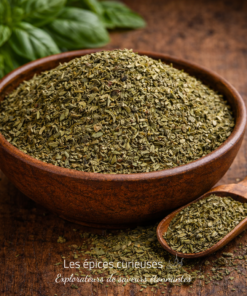 Bol de feuilles de basilic séchées avec cuillère sur table en bois, herbe aromatique pour cuisine.