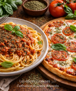 Spaghetti bolognaise et pizza margherita garnis de basilic et d'herbes, sur fond de tomates fraîches.