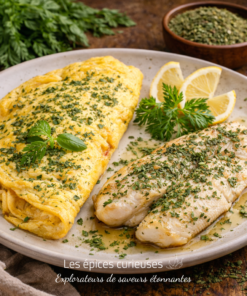 Omelette aux herbes et filet de poisson citronné, garnis de persil et basilic, sur assiette blanche avec tranches de citron.