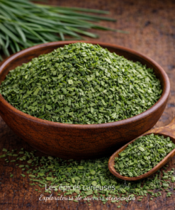 Bol de cive séchée et cuillère en bois sur table en bois, herbe culinaire idéale pour assaisonner les plats.