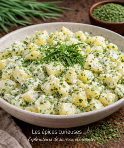 Salade de pommes de terre crémeuse garnie de ciboulette fraîche, idéale pour un repas d'été savoureux et rafraîchissant.