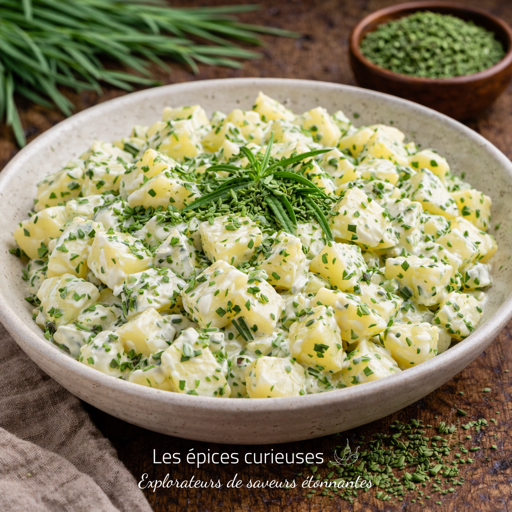 Ciboulette Séchée en Flocon – Fraîcheur Douce (2) Salade de pommes de terre crémeuse garnie de ciboulette fraîche, idéale pour un repas d'été savoureux et rafraîchissant.