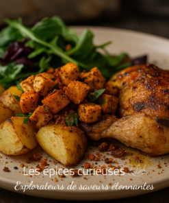 Assiette gourmande de poulet rôti, pommes de terre et salade verte, parsemée de miettes épicées.