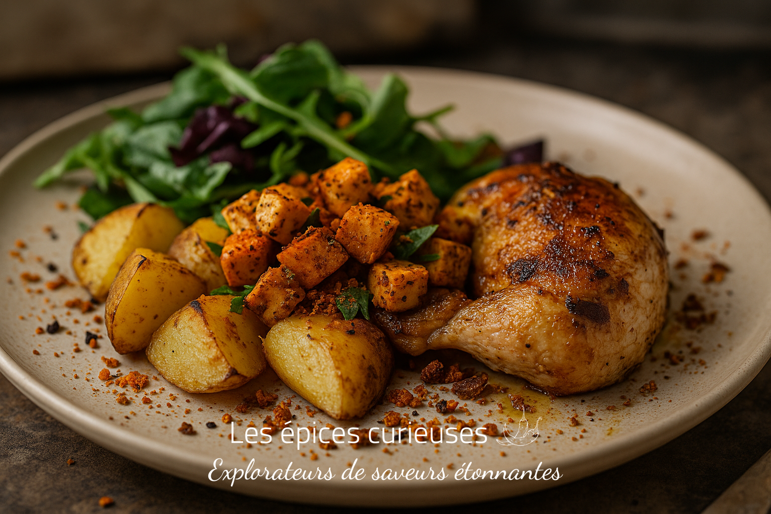 Cristaux du Kalahari (2) Assiette gourmande de poulet rôti, pommes de terre et salade verte, parsemée de miettes épicées.
