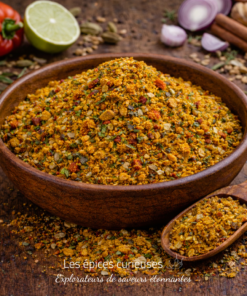 Mélange coloré d'épices dans un bol en bois sur fond rustique, prêt à rehausser vos plats culinaires.