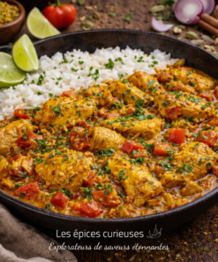 Poulet curry crémeux avec riz basmati et citron vert garni de coriandre, épices et légumes. Découvrez les saveurs épicées!