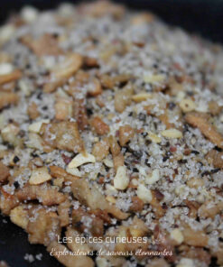 Mélange de noix et graines croquantes avec sucre, idéal pour les desserts ou garnitures.