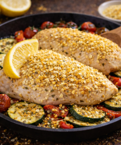 Poulet croustillant au citron sur lit de courgettes et tomates cerises, garni de chapelure et herbes.