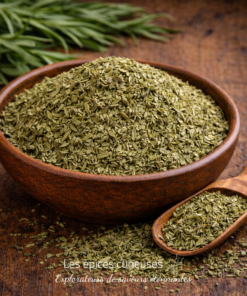 Bol de feuilles de romarin séchées avec une cuillère en bois sur table rustique. Assaisonnement naturel pour cuisine.