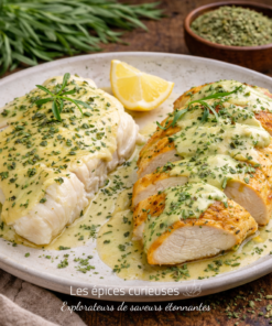 Poulet rôti à la crème d'herbes avec citron et persil, servi sur assiette en bois rustique.