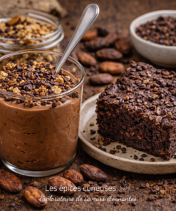 Mousse chocolat et gâteau fondant décorés de croquants au cacao, entourés de fèves de cacao pour une pause gourmande.