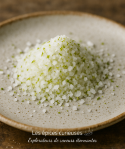 Assiette de sel de mer avec des éclats verts, idéal pour assaisonner vos plats avec une touche raffinée et colorée.