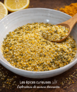 Mélange d'épices coloré dans un bol, avec citron tranché et cuillère en bois pour une touche culinaire exotique.