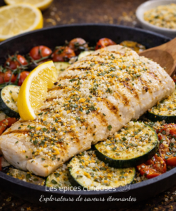 Filet de poisson grillé sur lit de courgettes et tomates cerises, garni de citron et d'herbes aromatiques.