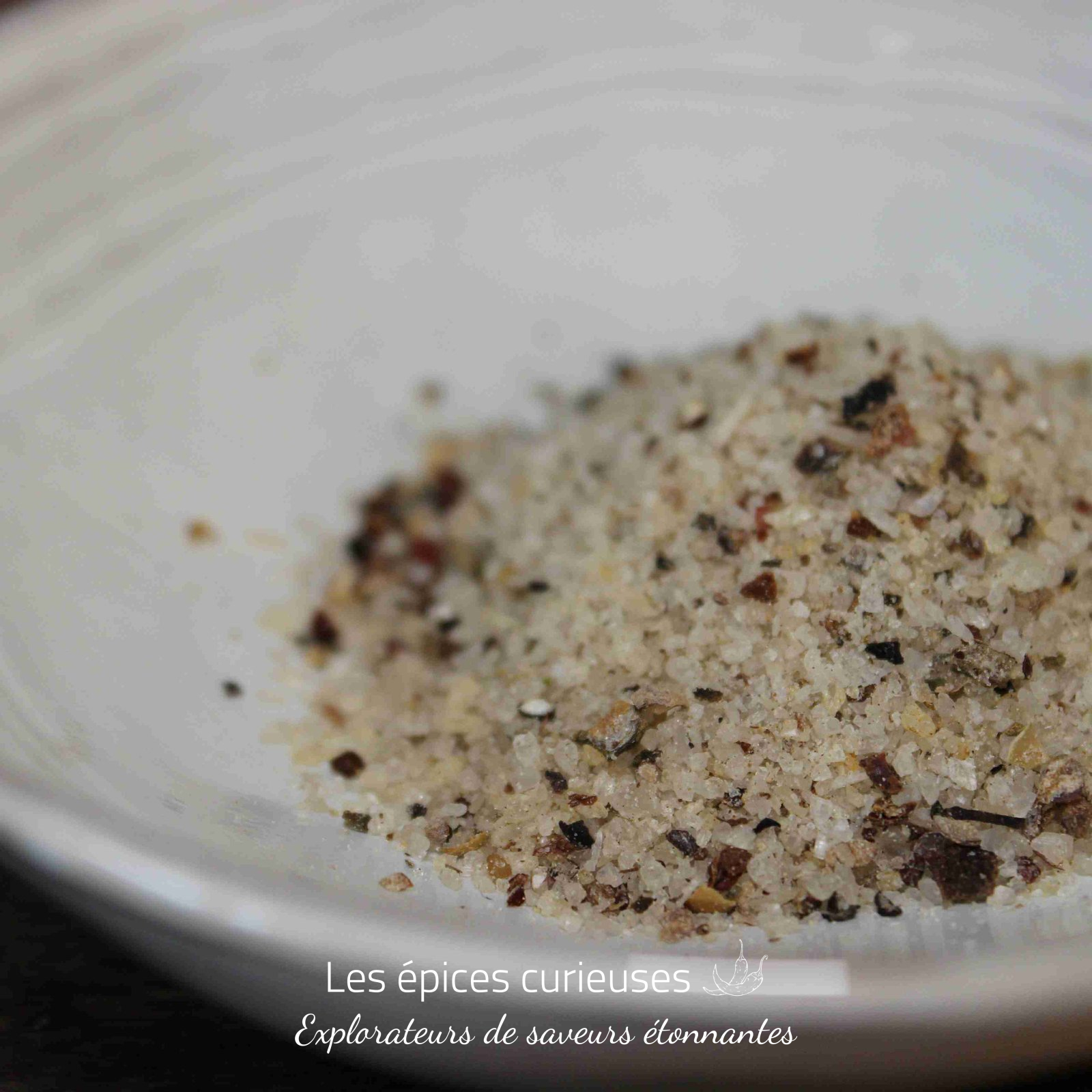Fleur de sel aux poivres du monde (5)(1) Mélange de sel épicé dans un bol blanc, idéal pour rehausser les saveurs culinaires.