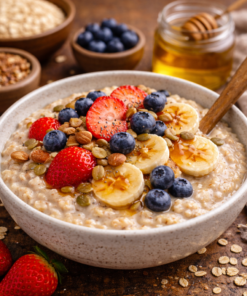 Bol de flocons d'avoine garni de fraises, bananes, myrtilles, graines et miel pour un petit-déjeuner sain et énergétique.