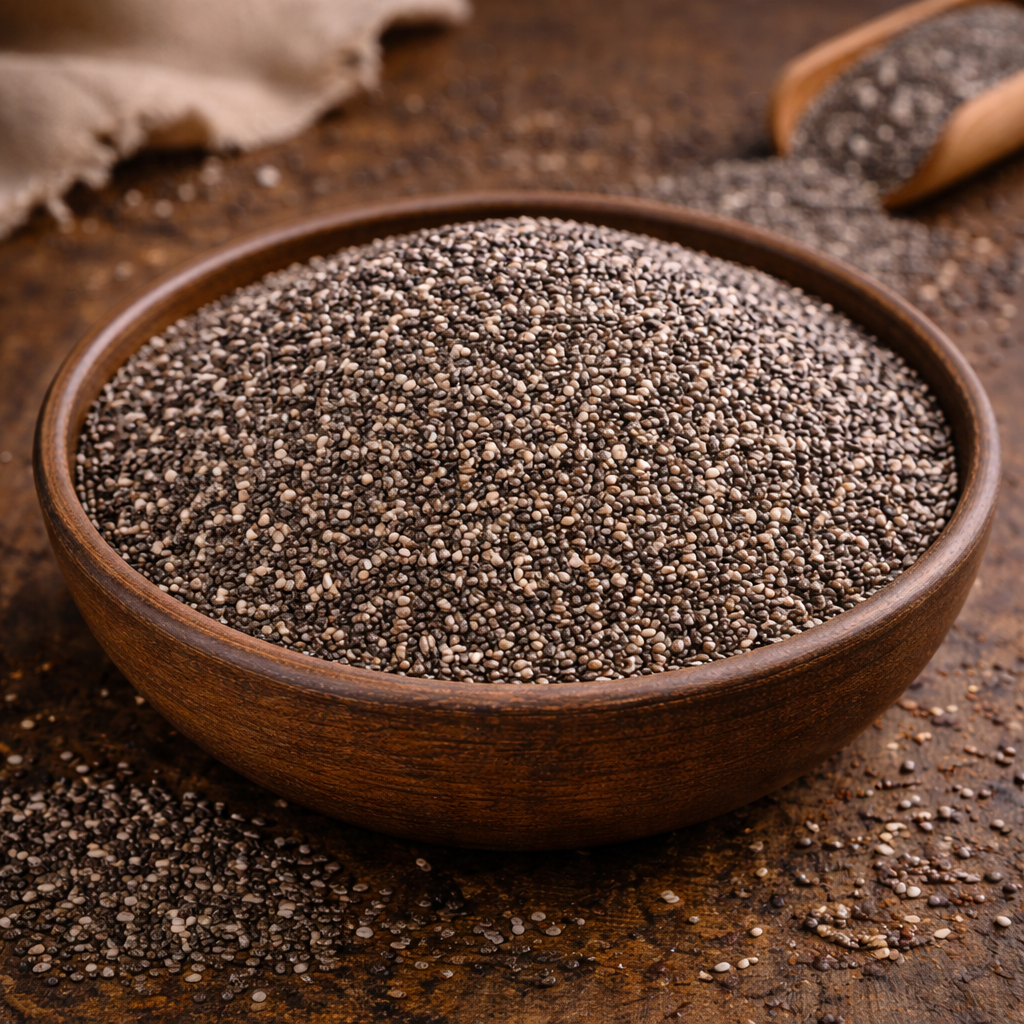 Graines de Chia – Vitalité Naturelle (1) Bol de graines de chia sur une table en bois, riches en fibres et oméga-3, parfaites pour une alimentation saine.