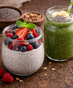 Dessert aux graines de chia orné de fruits rouges et smoothie vert au chia, garnis de fruits frais et noix.