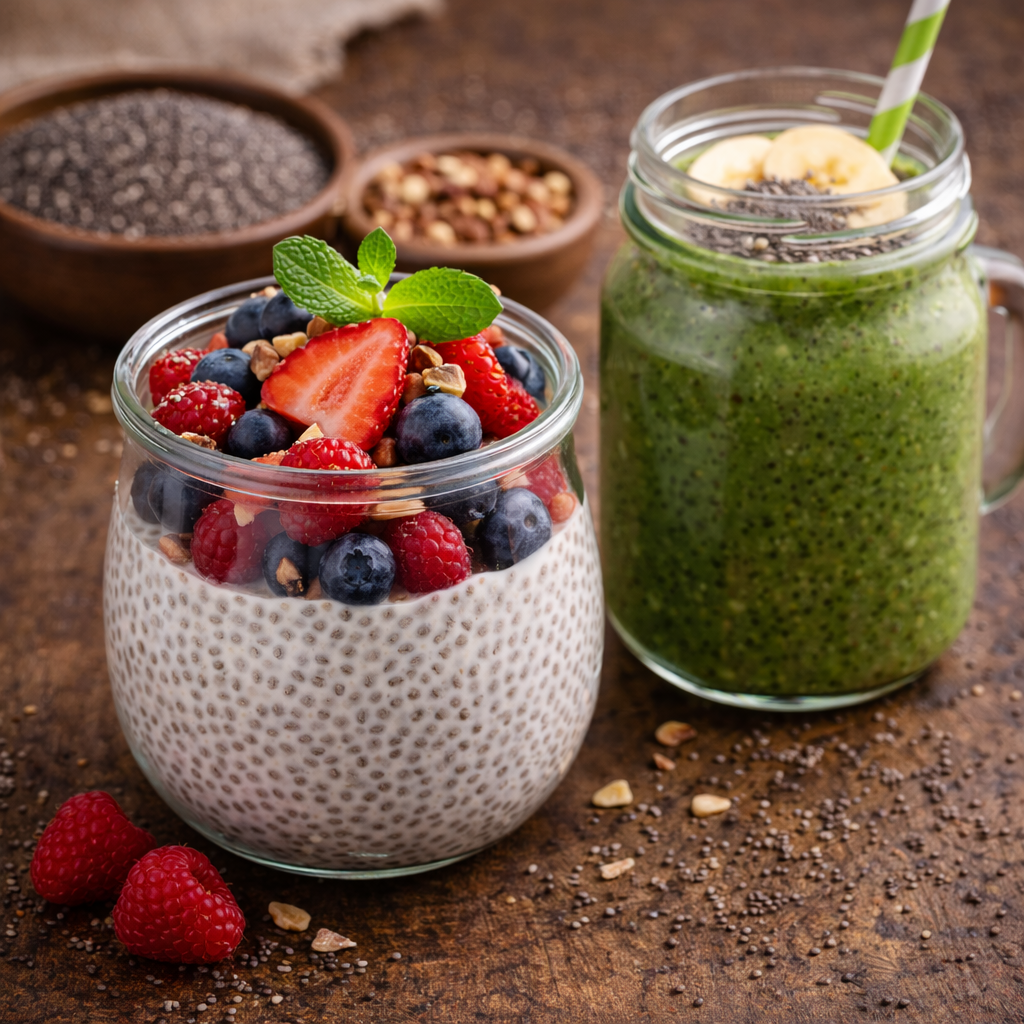 Graines de Chia – Vitalité Naturelle (2) Dessert aux graines de chia orné de fruits rouges et smoothie vert au chia, garnis de fruits frais et noix.