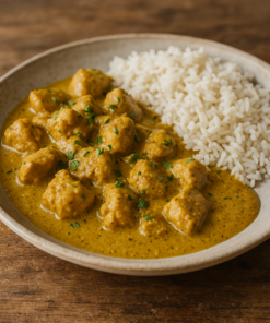 Bol de curry de poulet crémeux et riz basmati sur une table rustique. Épices aromatiques et texture savoureuse.