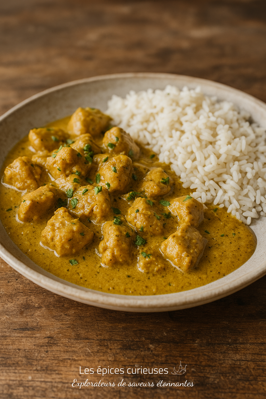Kaloupilé – Feuille de Curry en Poudre d’Inde du Sud (2) Bol de curry de poulet crémeux et riz basmati sur une table rustique. Épices aromatiques et texture savoureuse.