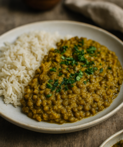 Plat de lentilles épicées avec riz blanc sur assiette, garni de coriandre fraîche, sur table en bois rustique.