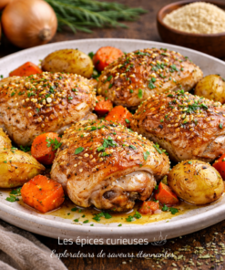 Cuisses de poulet rôties avec pommes de terre et carottes, assaisonnées d'herbes, servies sur une assiette blanche.