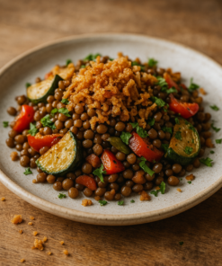 Salade de lentilles, courgettes et poivrons colorés, garnie de miettes croustillantes, sur une assiette en céramique.