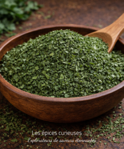 Bol de persil séché haché avec cuillère en bois sur fond rustique, idéal pour assaisonnement culinaire.