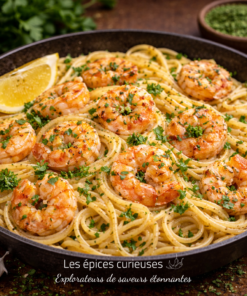 Spaghetti crémeux aux crevettes, citron et persil frais, servies dans une poêle noire.