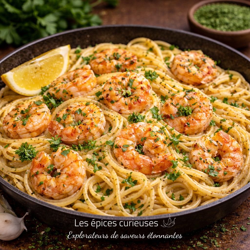 Persil Séché – Fraîcheur Herbacée (2) Spaghetti crémeux aux crevettes, citron et persil frais, servies dans une poêle noire.