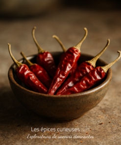 Bol de piments rouges séchés sur une table en bois, épices piquantes pour recettes exotiques.