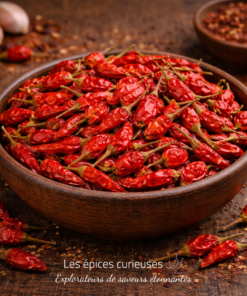 Bol en bois rempli de piments rouges séchés sur une table en bois, épice pour relever vos plats.