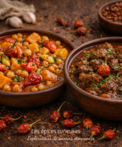 Deux bols de ragoût épicé, l'un aux légumes et pois chiches, l'autre au bœuf, sur une table en bois rustique.