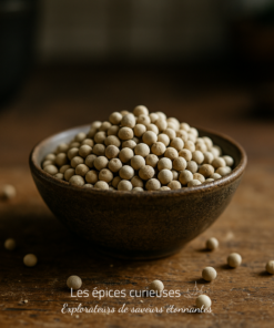 Bol de poivre blanc entier sur une table rustique, épice aromatique essentielle pour la cuisine.