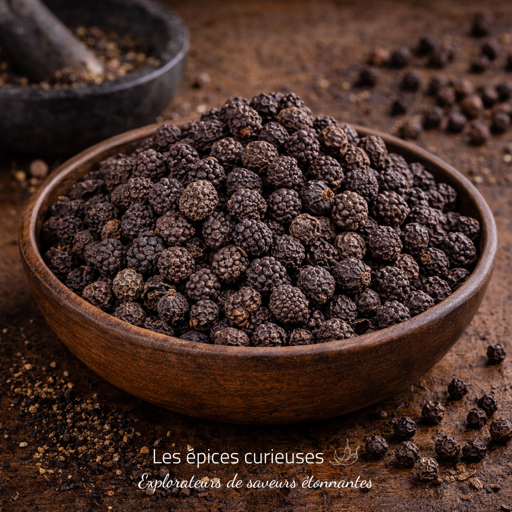 Poivre d’Assam – Intensité Indienne (1) Bol de poivre noir entier sur table, épices exotiques savoureuses. Les épices curieuses: Explorateurs de saveurs étonnantes.