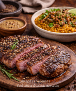 Steak grillé au poivre avec sauce, garni de romarin, accompagné de couscous épicé pour un repas savoureux.