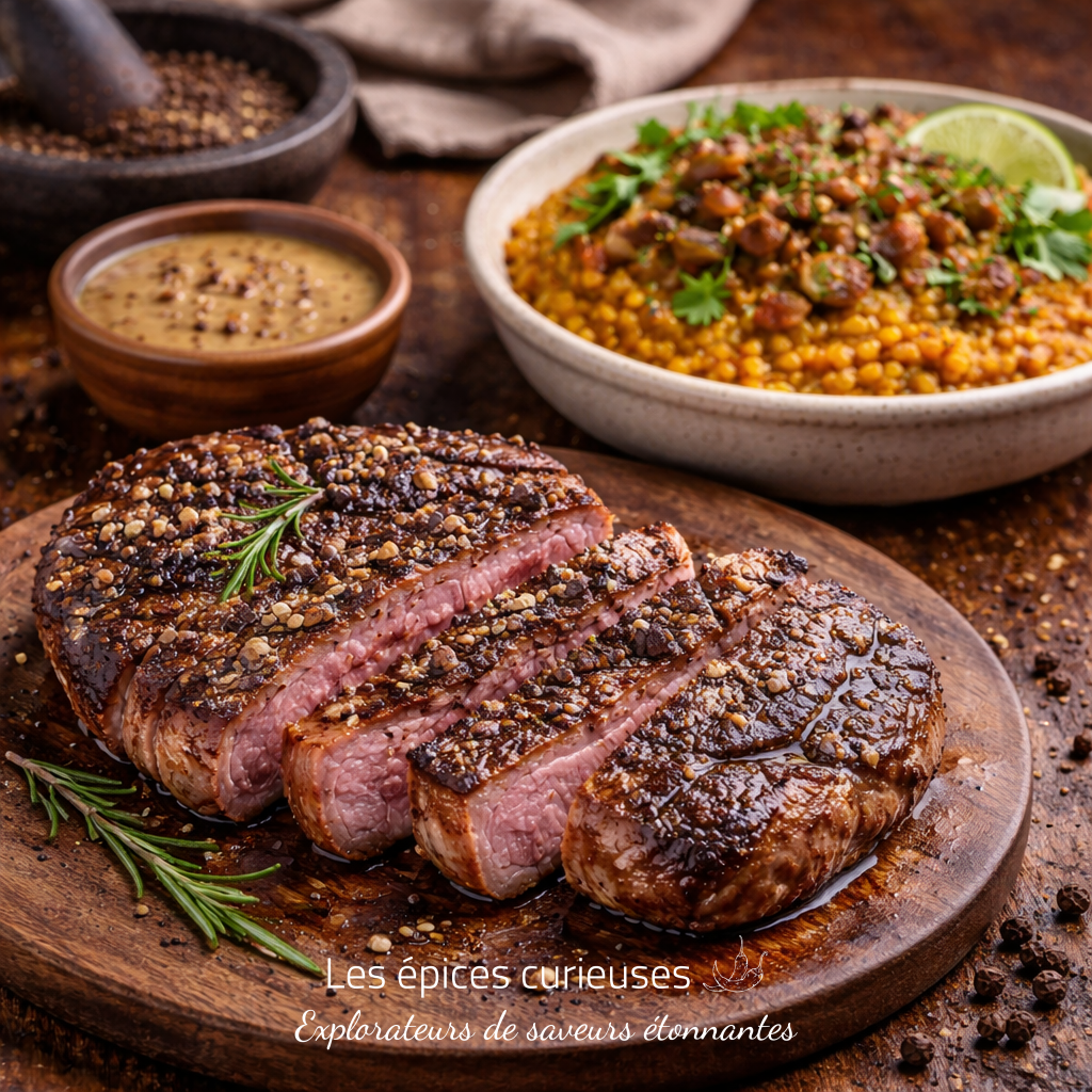 Poivre d’Assam – Intensité Indienne (2) Steak grillé au poivre avec sauce, garni de romarin, accompagné de couscous épicé pour un repas savoureux.