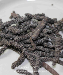 Poivre long séché sur assiette blanche, épice exotique utilisée en cuisine pour ses arômes puissants et piquants.