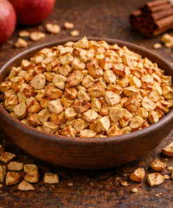 Bol de pommes séchées croquantes sur une table rustique, idéal pour une collation saine et savoureuse.