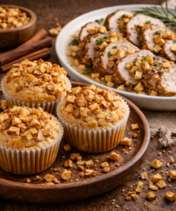 Muffins aux pommes et épices, accompagnés de tranches de rôti garnies de dés croustillants, ambiance automnale.