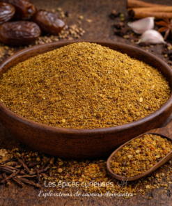 Bol en bois rempli de mélange d'épices, dattes et bâtons de cannelle sur table en bois rustique.