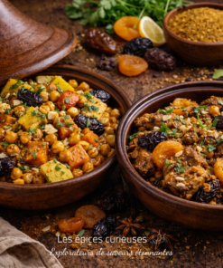 Deux tajines marocains traditionnels garnis de pois chiches, abricots et épices, servies sur une table en bois rustique.