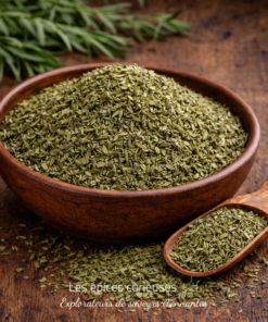 Bol en bois rempli de thym séché avec cuillère sur table rustique en bois brun.