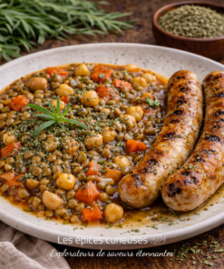 Plat réconfortant de saucisses grillées avec lentilles aux herbes, pois chiches et légumes. Repas automnal savoureux.