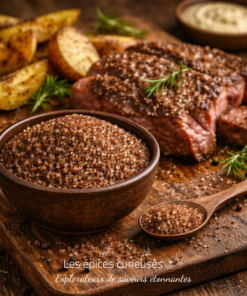 Steak grillé avec sel fumé, pommes de terre rôties et herbes aromatiques sur une planche en bois rustique.